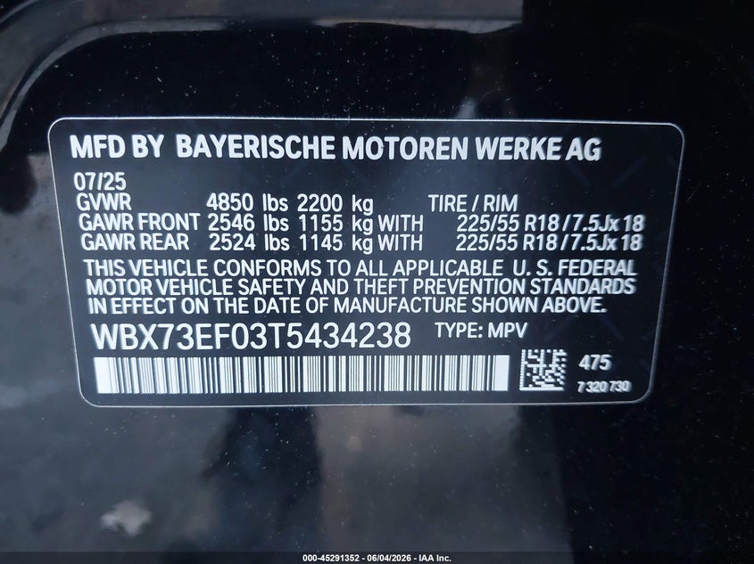 2026 BMW X1 VIN WBX73EF03T5434238 IAAI salvage auction — BIOHAZARD/CHEMICAL, Salvage Title, sold $10,100 on 2026-08-01 (photo 9)