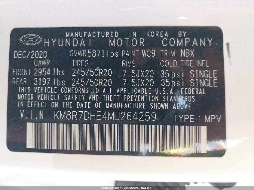 2021 Hyundai Palisade VIN KM8R7DHE4MU264259 IAAI salvage auction — LEFT SIDE, Mv-907A (New York), sold $125 on 2026-07-21 (photo 9)