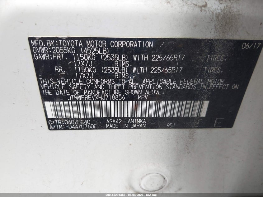 2017 Toyota Rav 4 VIN JTMWFREVXHJ718856 IAAI salvage auction — REAR END, Salvage (Louisiana), sold $3,550 on 2026-07-22 (photo 9)