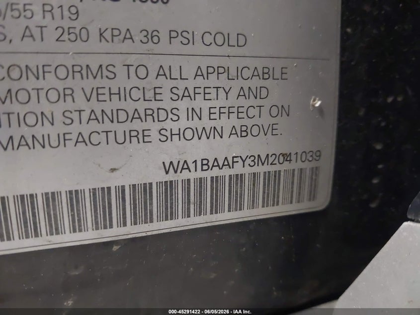 2021 Audi Q5 VIN WA1BAAFY3M2041039 IAAI salvage auction — FRONT END, Salvage Title, sold $9,300 on 2026-07-15 (photo 9)