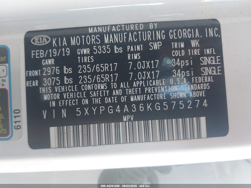 2019 Kia Sorento VIN 5XYPG4A36KG575274 IAAI salvage auction — NORMAL WEAR, Original (Kentucky), sold $1,525 on 2026-07-13 (photo 9)