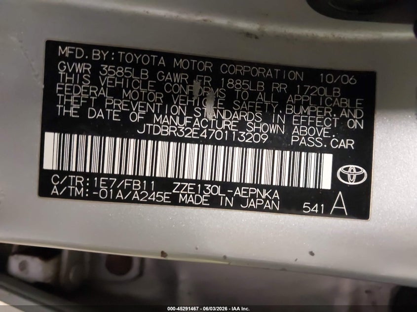 2007 Toyota Corolla VIN JTDBR32E470113209 IAAI salvage auction — NORMAL WEAR, Prior Salvage (Minnesota), sold $550 on 2026-07-15 (photo 9)