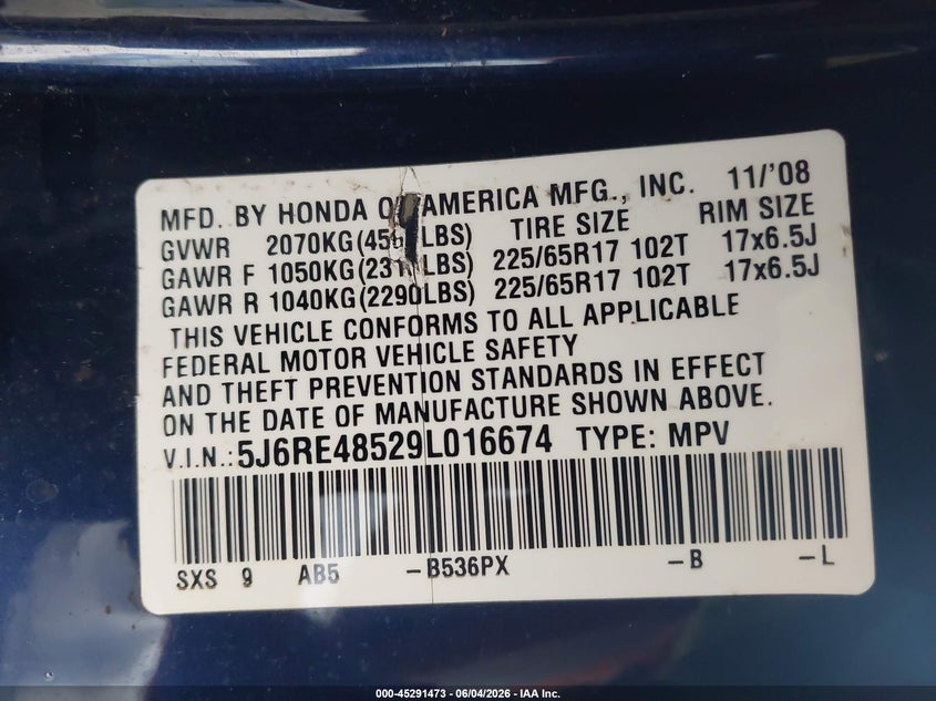 2009 Honda Cr-v VIN 5J6RE48529L016674 IAAI salvage auction — SIDE, Clear (Hawaii), sold $1,050 on 2026-07-30 (photo 9)