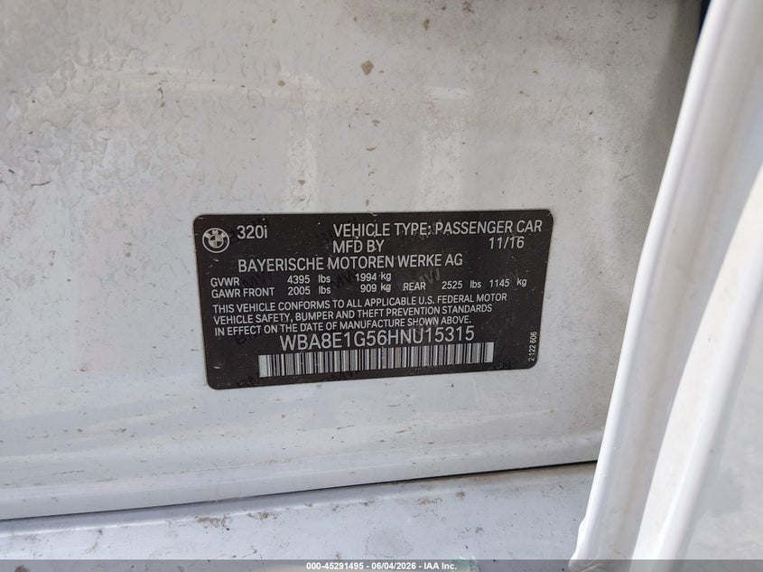 2017 BMW 3er VIN WBA8E1G56HNU15315 IAAI salvage auction — FRONT & REAR, Salvage Title, sold $775 on 2026-07-27 (photo 9)