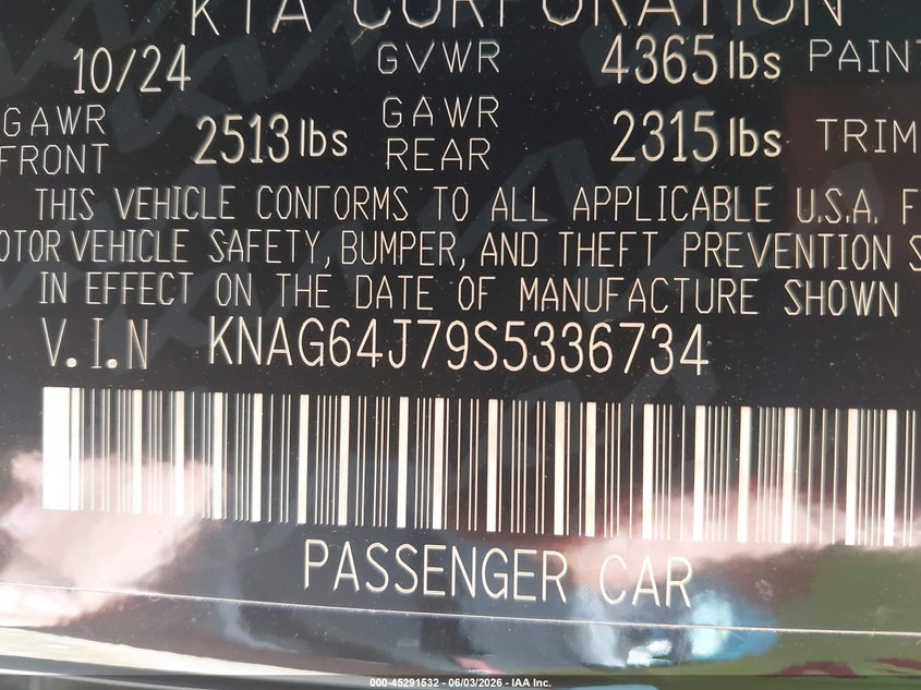 2025 Kia K5 VIN KNAG64J79S5336734 IAAI salvage auction — FRONT END, Salvage Title, sold $3,650 on 2026-07-16 (photo 9)