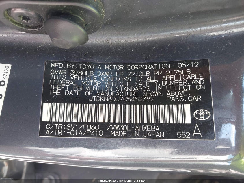 2012 Toyota Prius VIN JTDKN3DU7C5452382 IAAI salvage auction — FRONT END, Salvage Title, sold $1,450 on 2026-07-06 (photo 9)