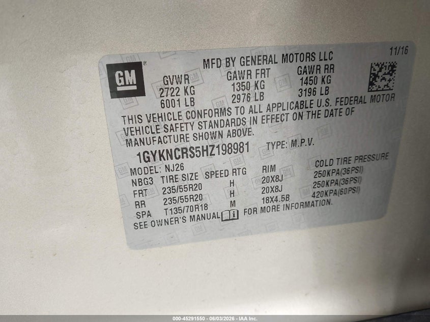 2017 Cadillac Xt5 VIN 1GYKNCRS5HZ198981 IAAI salvage auction — HAIL, Salvage (Kansas), sold $3,900 on 2026-07-10 (photo 9)