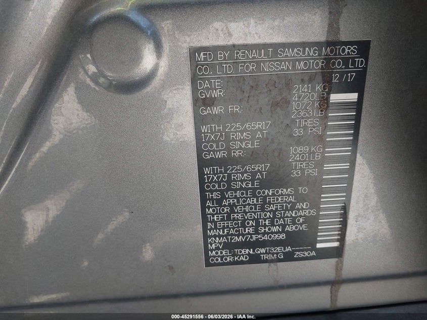 2018 Nissan Rogue VIN KNMAT2MV7JP540998 IAAI salvage auction — REAR END, Salvage Title, sold $2,150 on 2026-07-22 (photo 9)