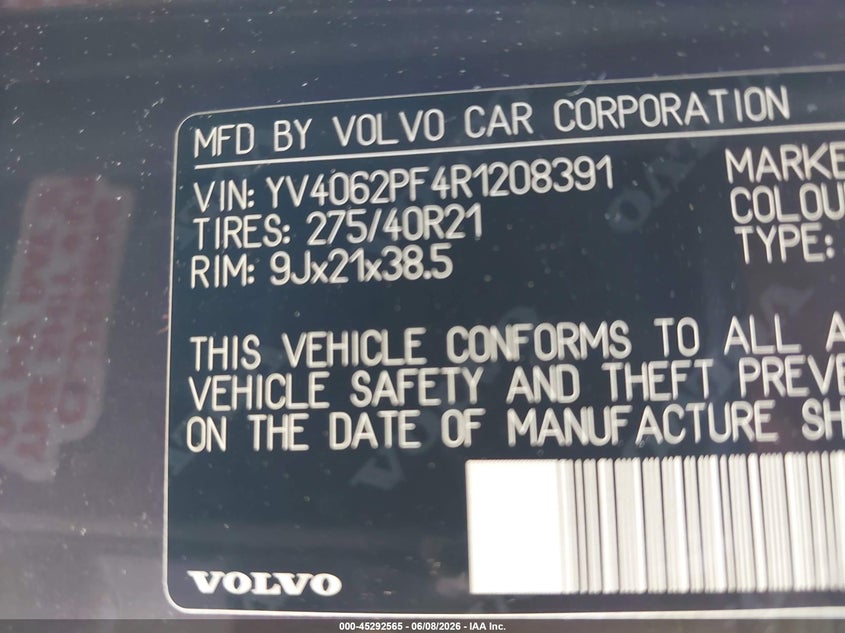 2024 Volvo Xc90 VIN YV4062PF4R1208391 IAAI salvage auction — LEFT REAR, Salvage Title, sold $27,050 on 2026-07-06 (photo 9)
