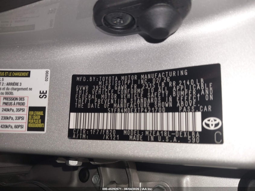 2026 Toyota Corolla VIN 5YFB4MDEXTP421700 IAAI salvage auction — FRONT END, Salvage Title, sold $8,750 on 2026-07-28 (photo 9)