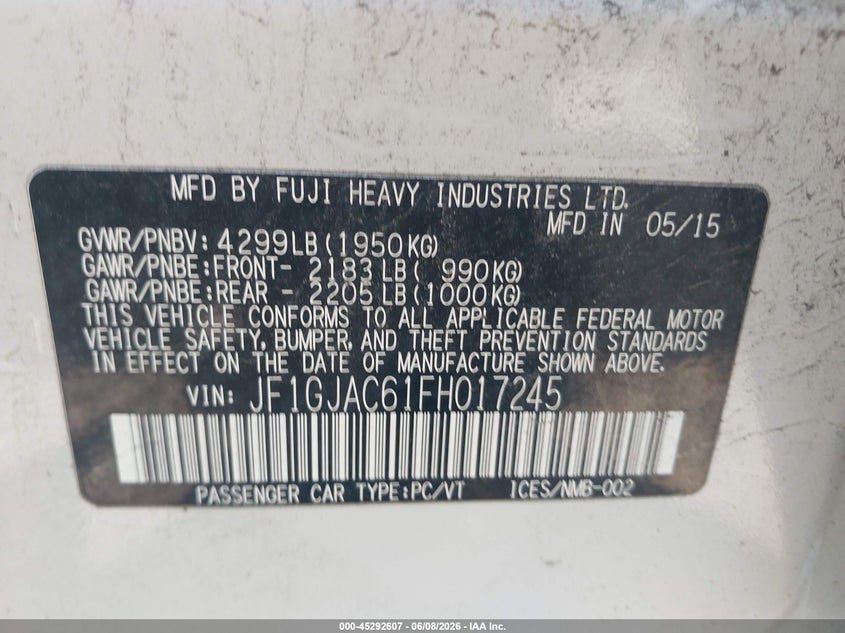 2015 Subaru Impreza VIN JF1GJAC61FH017245 IAAI salvage auction — FRONT & REAR, Salvage (Massachusetts), sold $425 on 2026-07-31 (photo 9)