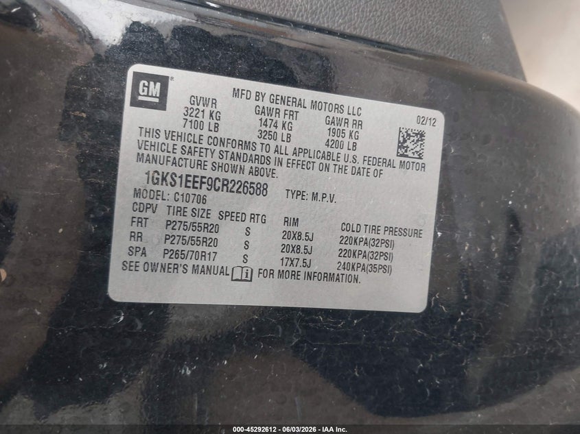 2012 Gmc Yukon VIN 1GKS1EEF9CR226588 IAAI salvage auction — NORMAL WEAR, Original (Texas), sold $1,850 on 2026-07-05 (photo 9)