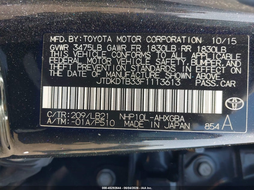 2015 Toyota Prius c VIN JTDKDTB33F1113613 IAAI salvage auction — FRONT END, Salvage (California), sold $500 on 2026-07-22 (photo 9)