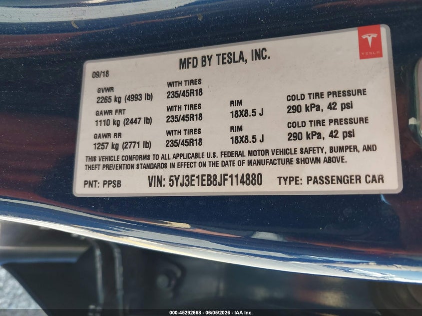 2018 Tesla Model 3 VIN 5YJ3E1EB8JF114880 IAAI salvage auction — RIGHT FRONT, Salvage (California), sold $3,550 on 2026-07-16 (photo 9)