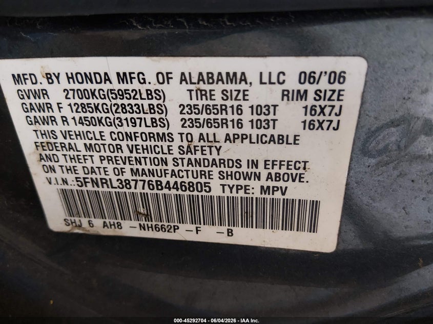 2006 Honda Odyssey VIN 5FNRL38776B446805 IAAI salvage auction — LEFT & RIGHT, Salvage (Nebraska), sold $750 on 2026-07-24 (photo 9)