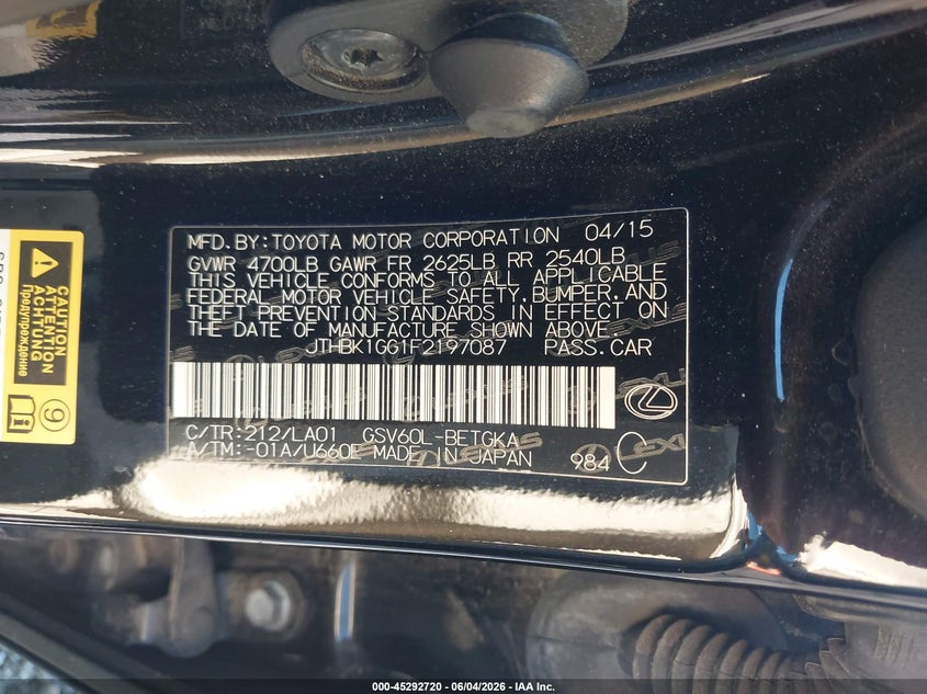 2015 Lexus ES VIN JTHBK1GG1F2197087 IAAI salvage auction — RIGHT FRONT, Salvage Title, sold $4,850 on 2026-07-14 (photo 9)