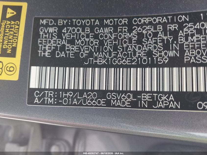 2014 Lexus ES VIN JTHBK1GG6E2101159 IAAI salvage auction — SIDE, Salvage Title, sold $1,150 on 2026-07-22 (photo 9)