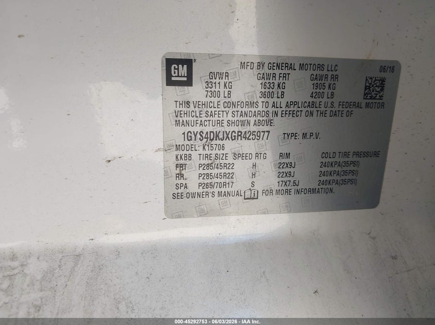 2016 Cadillac Escalade VIN 1GYS4DKJXGR425977 IAAI salvage auction — FRONT END, Salvage Title, sold $4,300 on 2026-07-09 (photo 9)
