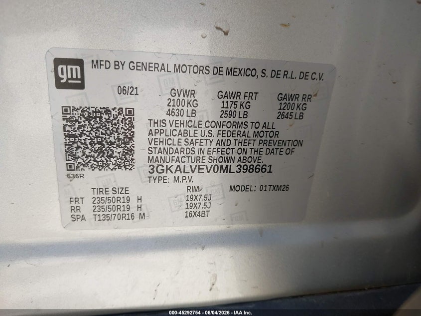 2021 Gmc Terrain VIN 3GKALVEV0ML398661 IAAI salvage auction — FRONT END, Salvage Title, sold $5,675 on 2026-07-27 (photo 9)