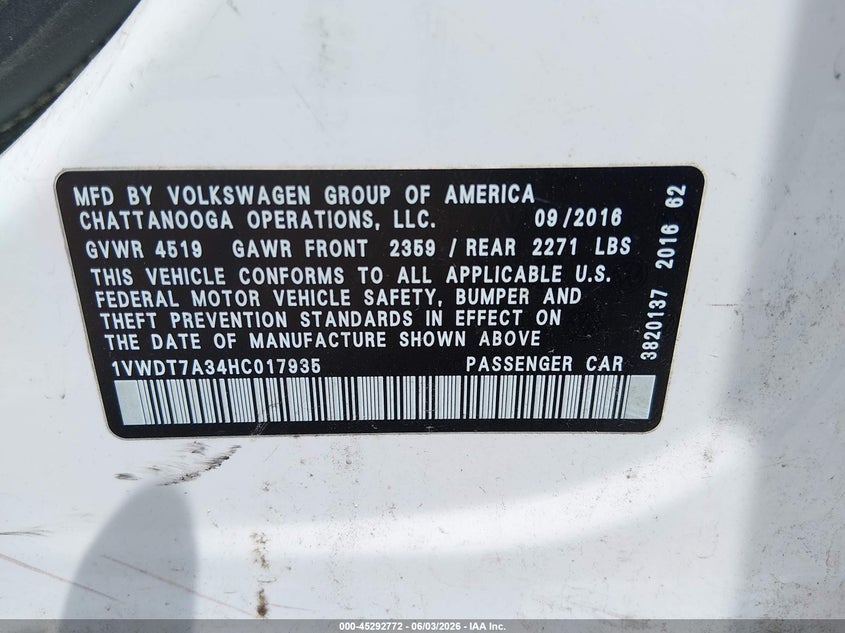 2017 Volkswagen Passat VIN 1VWDT7A34HC017935 IAAI salvage auction — FRONT END, Salvage Title, sold $25 on 2026-07-22 (photo 9)
