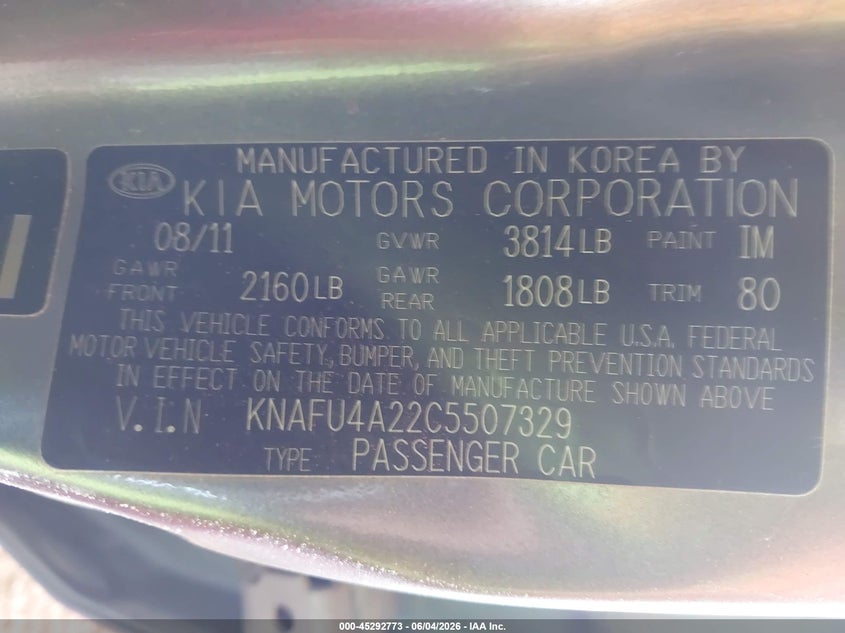 2012 Kia Forte VIN KNAFU4A22C5507329 IAAI salvage auction — LEFT SIDE, Salvage Title, sold $1,050 on 2026-07-07 (photo 9)