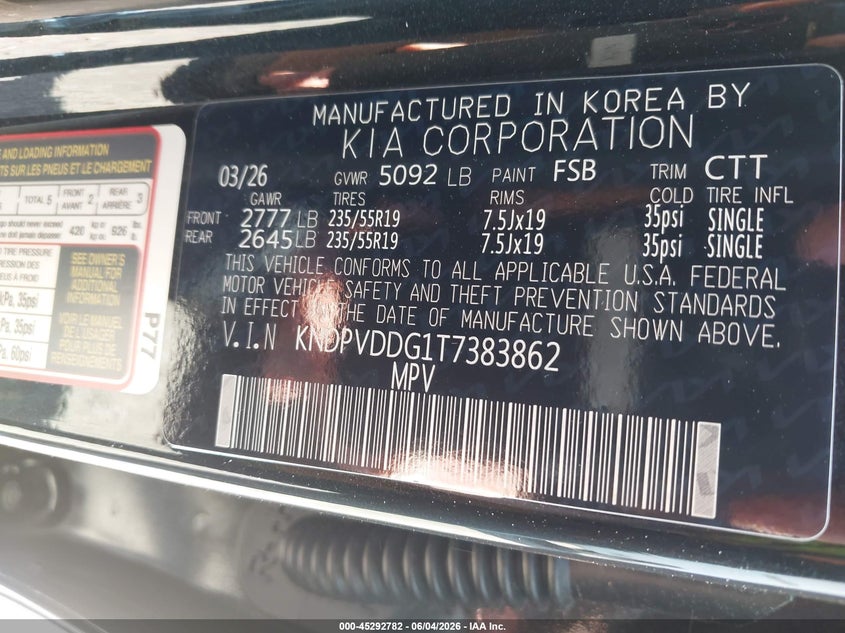 2026 Kia Sportage VIN KNDPVDDG1T7383862 IAAI salvage auction — RIGHT SIDE, Mv-907A (New York), sold $14,600 on 2026-07-30 (photo 9)