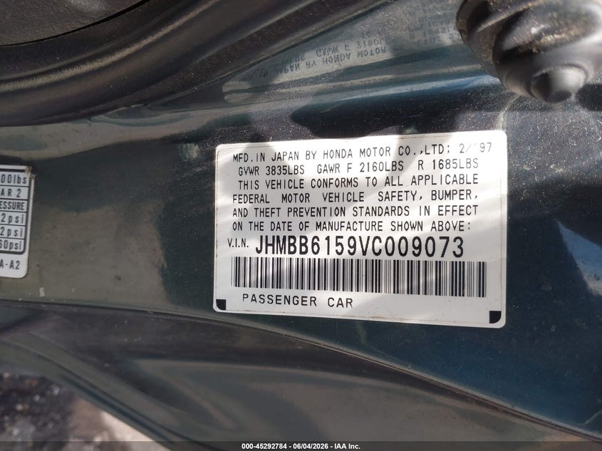 1997 Honda Prelude VIN JHMBB6159VC009073 IAAI salvage auction — FRONT END, Salvage (Texas), sold $800 on 2026-07-08 (photo 9)