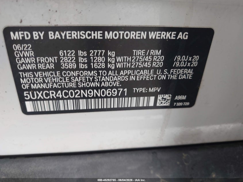 2022 BMW X5 VIN 5UXCR4C02N9N06971 IAAI salvage auction — FRONT END, Salvage Title, sold $15,400 on 2026-07-14 (photo 9)