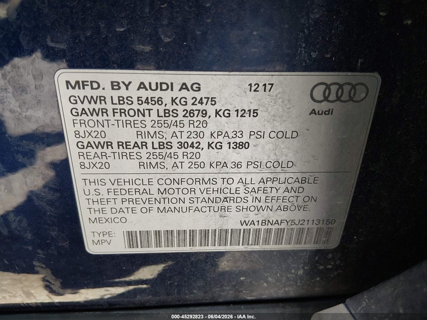 2018 Audi Q5 VIN WA1BNAFY5J2113150 IAAI salvage auction — LEFT REAR, Salvage (California), sold $4,050 on 2026-07-29 (photo 9)
