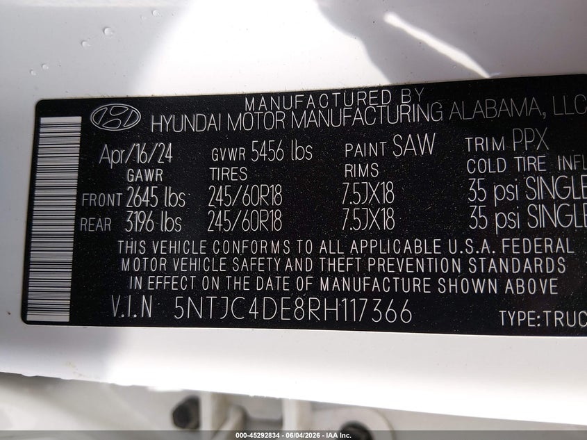 2024 Hyundai Santa cruz VIN 5NTJC4DE8RH117366 IAAI salvage auction — HAIL, Salvage Title, sold $10,000 on 2026-07-10 (photo 9)