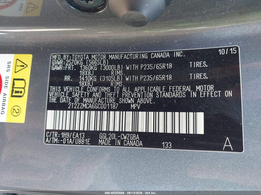 2016 Lexus Rx VIN 2T2ZZMCA6GC001187 IAAI salvage auction — LEFT FRONT, Salvage (South Carolina), sold $7,375 on 2026-07-29 (photo 9)