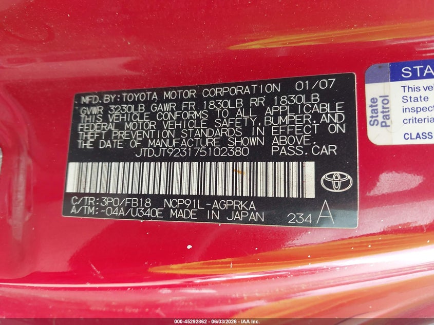 2007 Toyota Yaris VIN JTDJT923175102380 IAAI salvage auction — LEFT FRONT, Rebuilt-Non-Public (Washington), sold $425 on 2026-07-08 (photo 9)