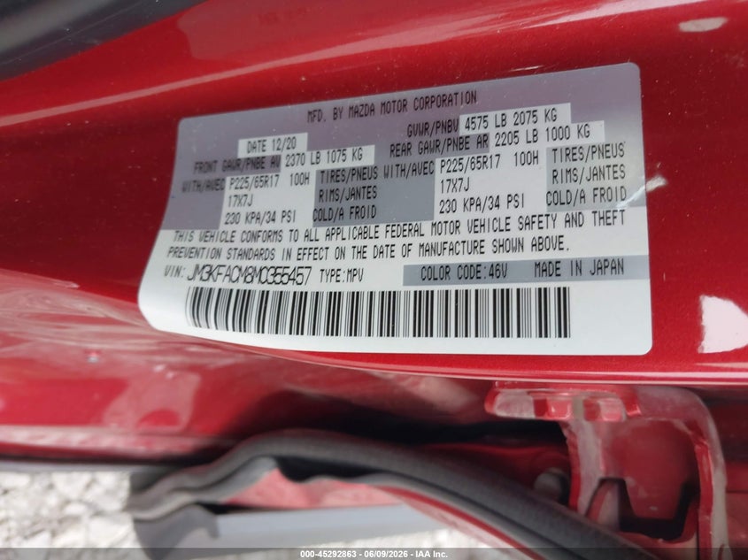 2021 Mazda Cx-5 VIN JM3KFACM8M0355457 IAAI salvage auction — LEFT SIDE, Salvage Title, sold $4,000 on 2026-07-21 (photo 9)