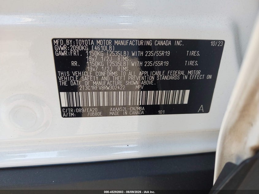 2024 Toyota Rav 4 VIN 2T3C1RFV8RW302422 IAAI salvage auction — ROLLOVER, Salvage (California), sold $12,100 on 2026-07-30 (photo 9)