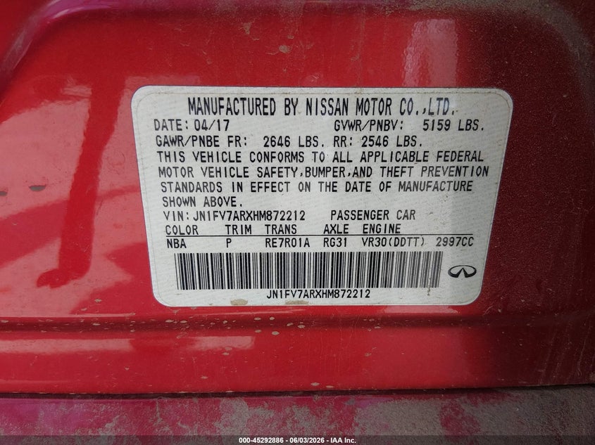 2017 Infiniti Q50 VIN JN1FV7ARXHM872212 IAAI salvage auction — NORMAL WEAR, Original (Texas), sold $2,025 on 2026-07-13 (photo 9)