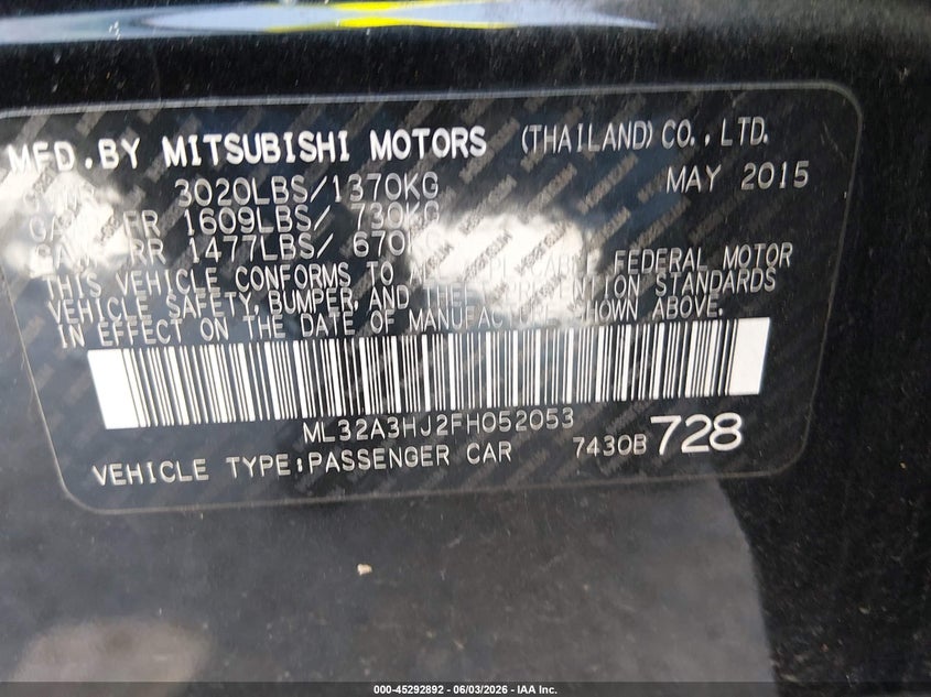2015 Mitsubishi Mirage VIN ML32A3HJ2FH052053 IAAI salvage auction — NORMAL WEAR, Original (Texas), sold $500 on 2026-07-06 (photo 9)