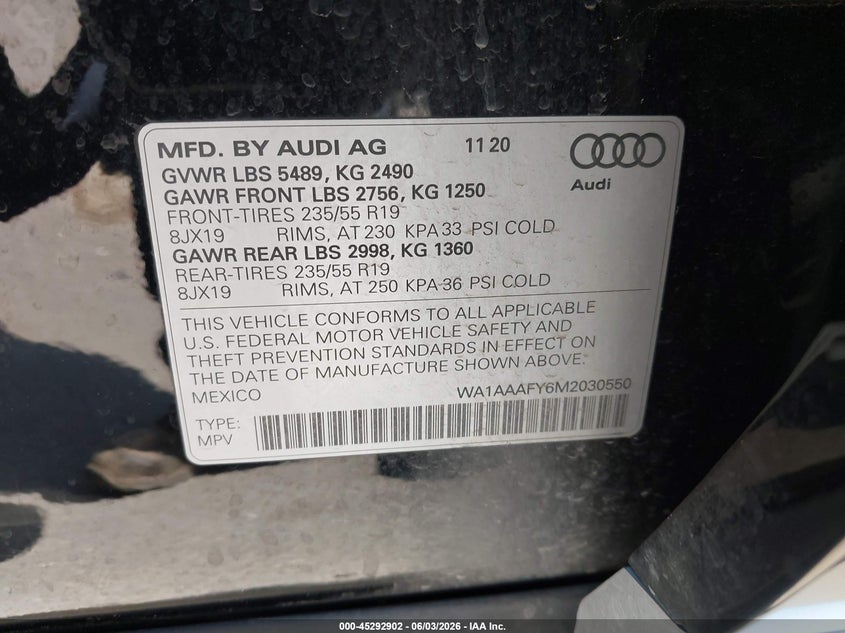 2021 Audi Q5 VIN WA1AAAFY6M2030550 IAAI salvage auction — LEFT FRONT, Salvage Title, sold $11,250 on 2026-07-27 (photo 9)