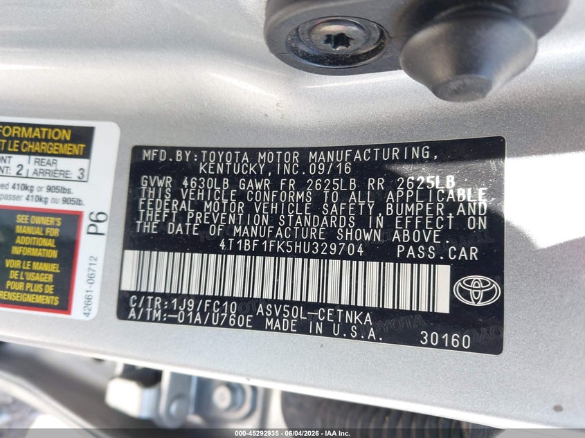 2017 Toyota Camry VIN 4T1BF1FK5HU329704 IAAI salvage auction — SIDE, Salvage Title, sold $5,000 on 2026-07-09 (photo 9)