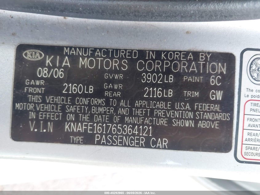 2006 Kia Spectra VIN KNAFE161765364121 IAAI salvage auction — NORMAL WEAR, Clear (Hawaii), sold $100 on 2026-07-28 (photo 9)