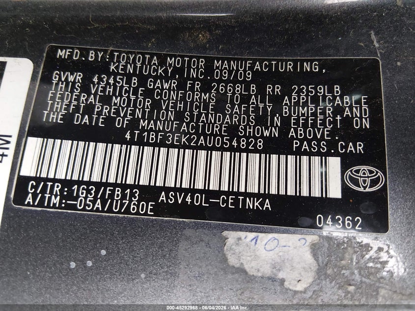 2010 Toyota Camry VIN 4T1BF3EK2AU054828 IAAI salvage auction — NORMAL WEAR, Clear - Dealer Only (California), sold $575 on 2026-07-09 (photo 9)