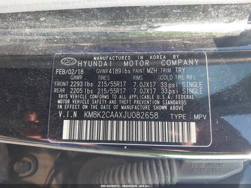 2018 Hyundai Kona VIN KM8K2CAAXJU082658 IAAI salvage auction — REAR END, Salvage Title, sold $2,450 on 2026-07-21 (photo 9)