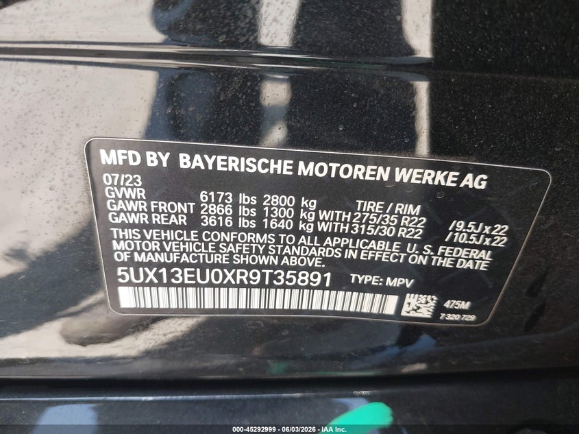 2024 BMW X5 VIN 5UX13EU0XR9T35891 IAAI salvage auction — SIDE, Salvage (California), sold $36,250 on 2026-07-29 (photo 9)