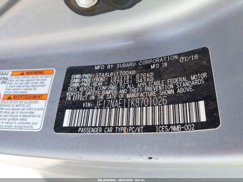 2019 Toyota Gt86 VIN JF1ZNAE11K8701026 IAAI salvage auction — FRONT & REAR, Salvage Title, sold $1,300 on 2026-07-21 (photo 9)