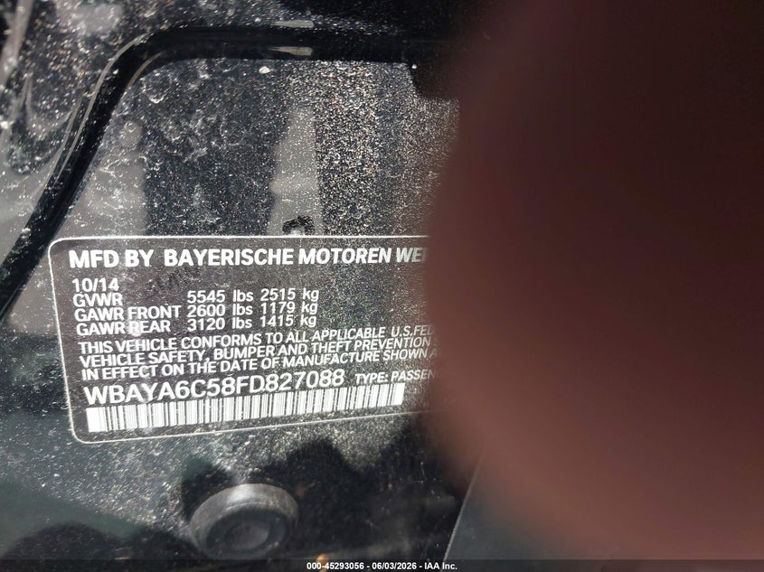 2015 BMW 7er VIN WBAYA6C58FD827088 IAAI salvage auction — NORMAL WEAR, Salvage Title, sold $1,700 on 2026-07-29 (photo 9)