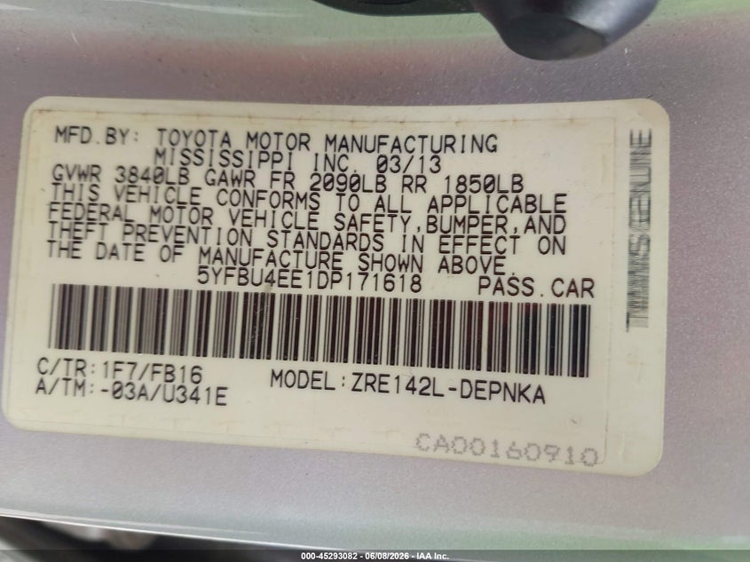 2013 Toyota Corolla VIN 5YFBU4EE1DP171618 IAAI salvage auction — UNKNOWN, Salvage (Alabama), sold $2,300 on 2026-08-02 (photo 9)