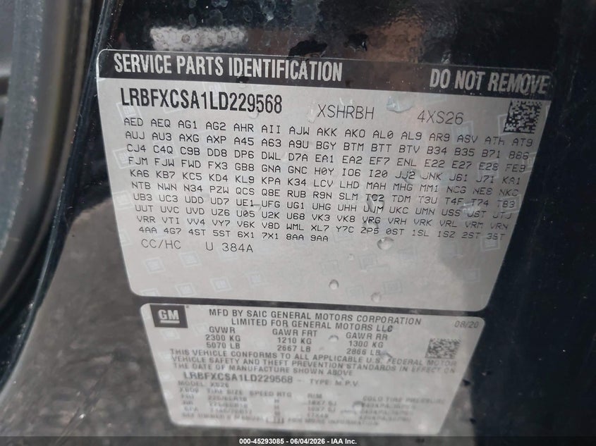 2020 Buick Envision VIN LRBFXCSA1LD229568 IAAI salvage auction — FRONT END, Salvage (Louisiana), sold $2,400 on 2026-07-28 (photo 9)