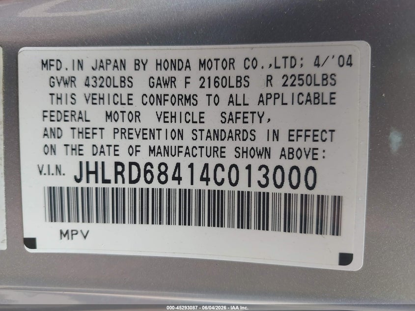 2004 Honda Cr-v VIN JHLRD68414C013000 IAAI salvage auction — NORMAL WEAR, Clear (Hawaii), sold $400 on 2026-07-21 (photo 9)