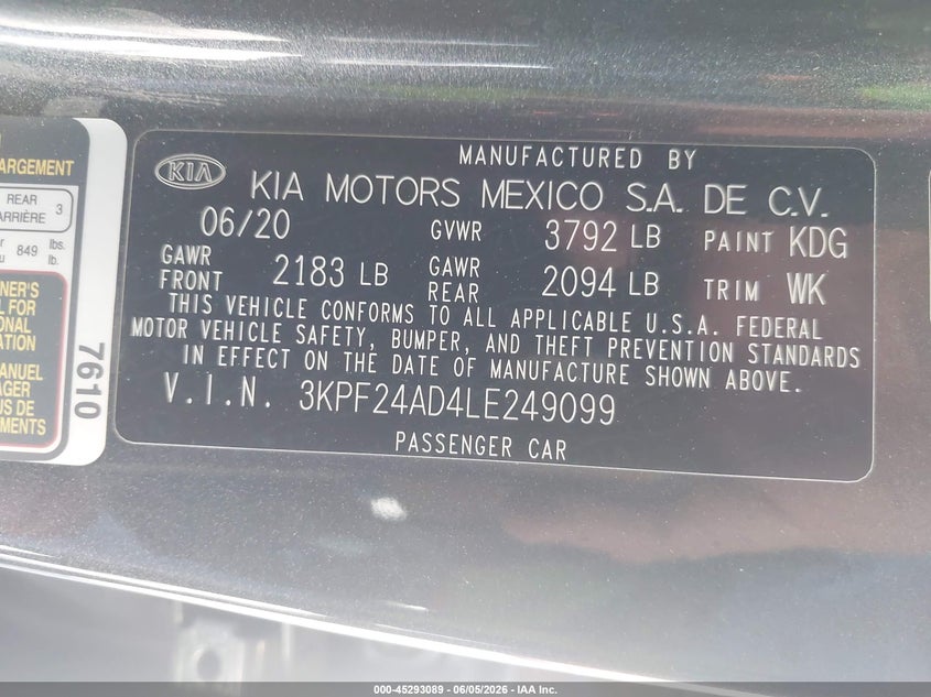 2020 Kia Forte VIN 3KPF24AD4LE249099 IAAI salvage auction — REAR END, Salvage Title, sold $2,850 on 2026-07-23 (photo 9)