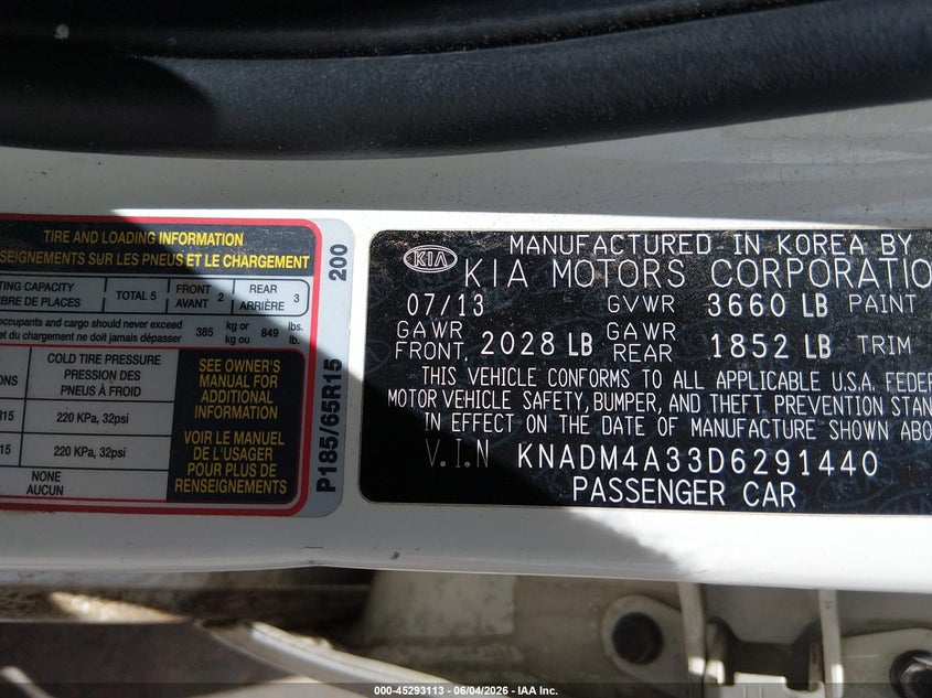 2013 Kia Rio VIN KNADM4A33D6291440 IAAI salvage auction — LEFT FRONT, Salvage Title, sold $200 on 2026-07-22 (photo 9)