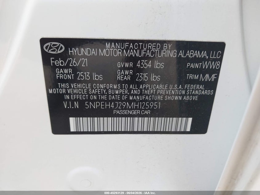 2021 Hyundai Sonata VIN 5NPEH4J29MH125951 IAAI salvage auction — HAIL, Salvage Title, sold $8,400 on 2026-07-06 (photo 9)
